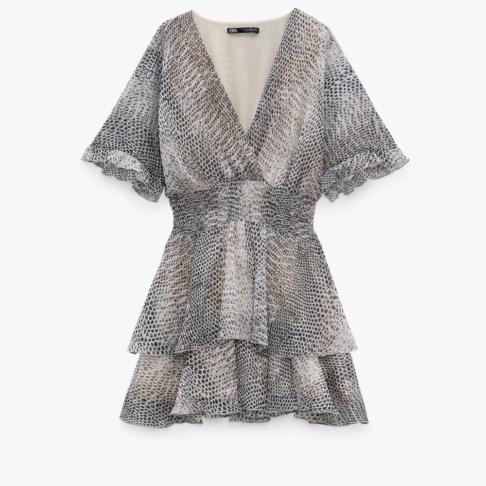 EUC Zara Neutrals Printed Animal Patterned Tiered Mini Dress Sz XL